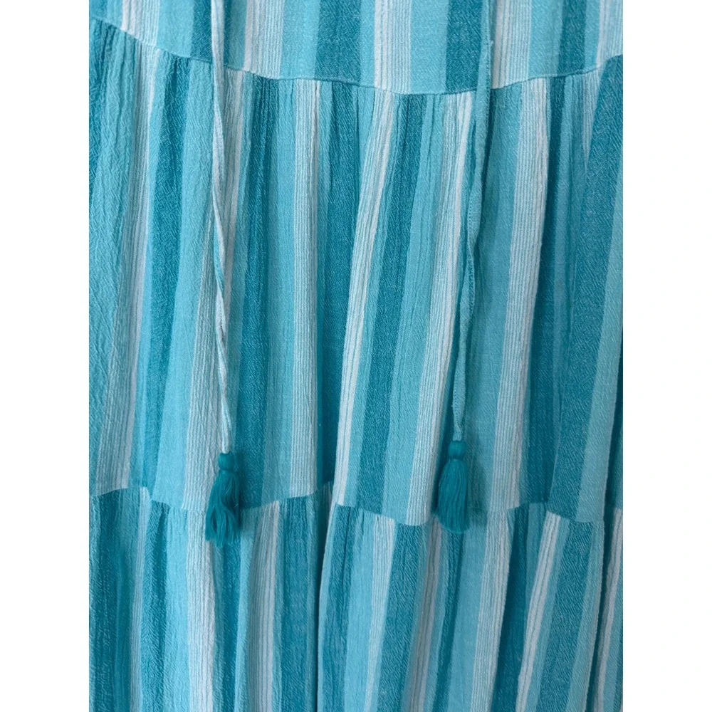 Tuckernuck Teal White Striped Cotton Tiered Maxi Dress Sleeveless Small